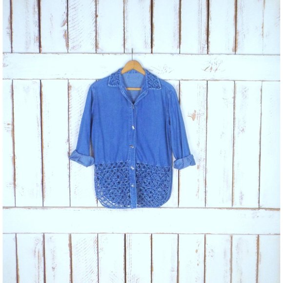 Vintage blue cotton denim button down ribbon cut out shirt/chambray button down - Picture 6 of 6